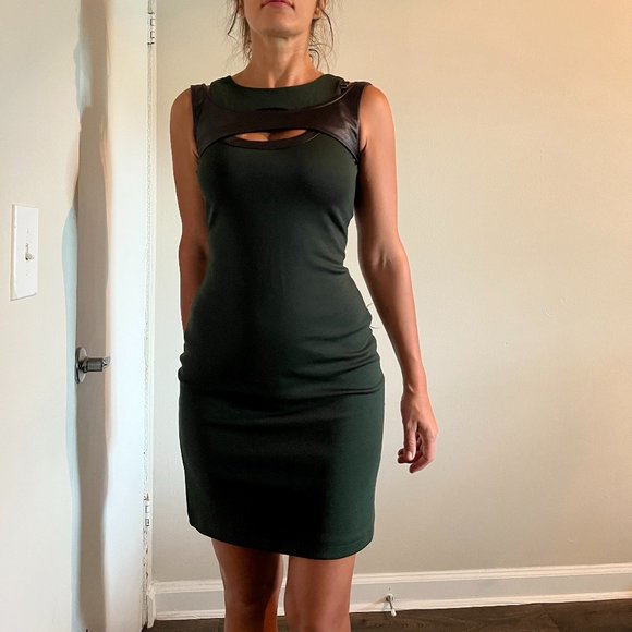 NWT Amelia Green Dress with Faux Leather Brown Insert Size 2 - Picture 1 of 6